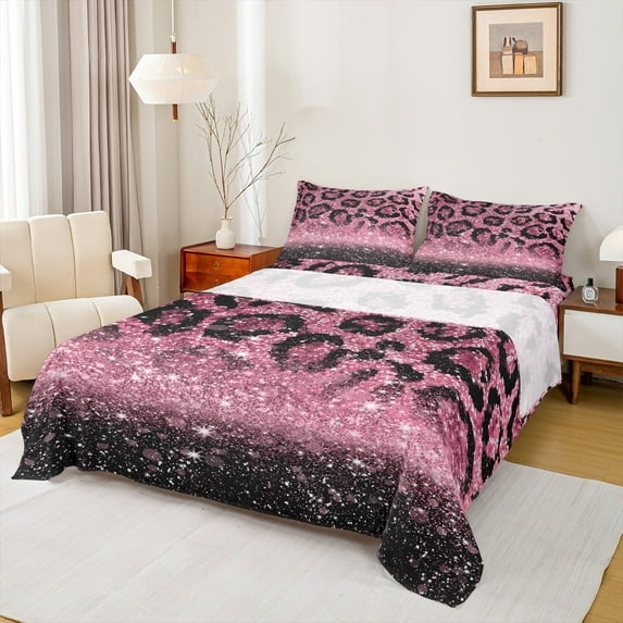 jejeloiu Pink Leopard Pattern Bed Sheets,Modern Cheetah Print King Sheets,Chic Sequin Print Sheet Set For Girl Teens,Microfiber Bedroom Decor,4pcs