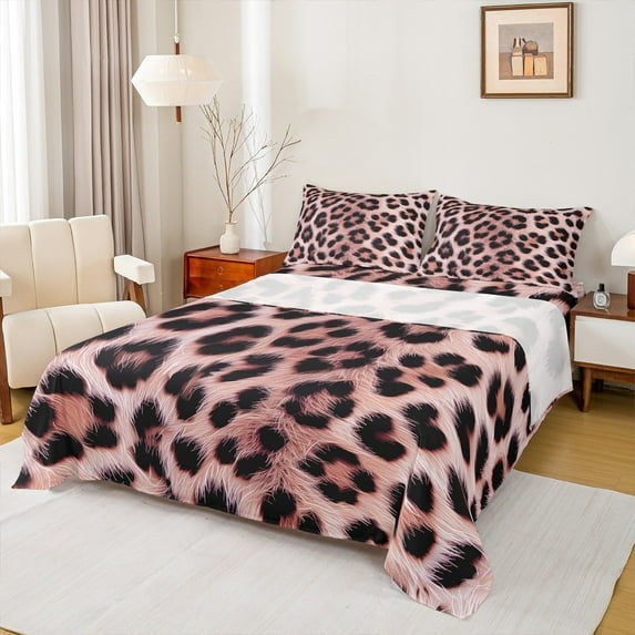 jejeloiu Pink Leopard Pattern Twin Sheet Sets,Cheetah Print Twin Fitted Sheet,Rustic Farmhouse Cabin Flat Sheet For Girl Teens,Microfiber Bedroom Decor,3pcs