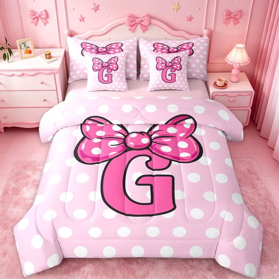 jejeloiu Pink Letter Initial G 7pcs Bedding Comforter Set For Girls,Geometric Dots Print Bow Queen Bedding Sets,Pink Reversible