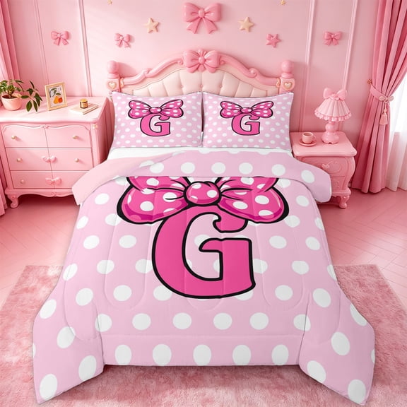 jejeloiu Pink Letter Initial G Queen Comforter Set For Girls,Geometric Dots Print Bow Bedding Comforter Set,Pink Reversible,3-Piece