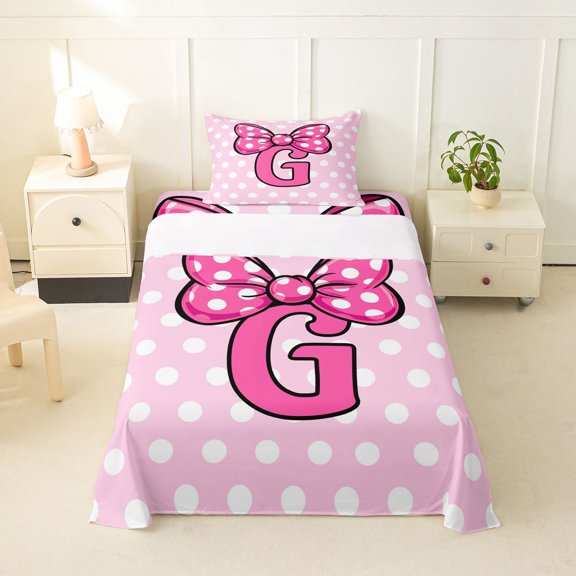 jejeloiu Pink Letter Initial G Twin Sheet Sets For Girls,Geometric Dots Print Bow Bedding,3 Pieces