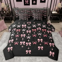 jejeloiu Pink Lovely Bowtie 7-Piece Twin Bedding Sets,Cute Kawaii Bowknot Bedding Comforter Set,Cartoon Bow Ribbon Sheet Sets For Girls,Breathable Home Decor Reversible