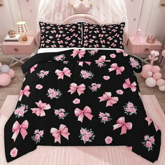 jejeloiu Pink Lovely Bowtie Full Size Comforter Sets,Rustic Flower Blossom Bedding Sets For Men Women Reversible 3pcs