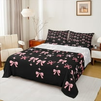 jejeloiu Pink Lovely Bowtie Twin Sheet Sets,Cute Kawaii Bowknot Twin Fitted Sheet,Cartoon Bow Ribbon Flat Sheet For Girls,Breathable Home Decor,3pcs