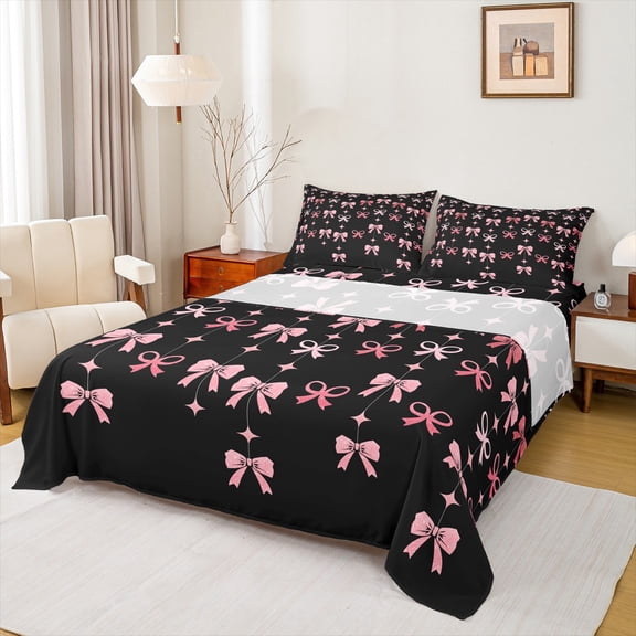 jejeloiu Pink Lovely Bowtie Twin Sheet Sets,Cute Kawaii Bowknot Twin Fitted Sheet,Cartoon Bow Ribbon Flat Sheet For Girls,Breathable Home Decor,3pcs