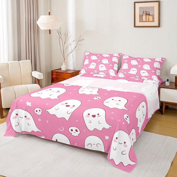 jejeloiu Pink Lovely Ghost Twin Sheet Sets,Halloween Skull Skeleton Twin Fitted Sheet,Pink White Flat Sheet,Lightweight Room Decorative,3pcs