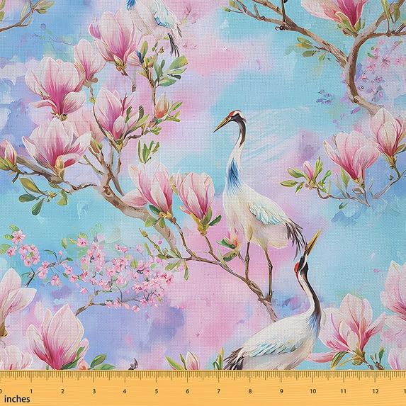 jejeloiu Pink Magnolia Crane Fabric (1 Yard),Colorful Graffiti,Sewing Girl Room Decor