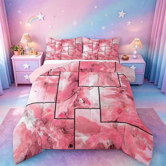 jejeloiu Pink Marble Patchwork Art Full Size Comforter Sets Kids,Abstract Print Bedding Sets,Reversible,3-Piece