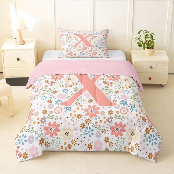 Catabedysis Pink Monogram X Twin Comforter Sets For Girl,Boho Flower Bedding Set,Pink Reversible,2-Piece,1 Comforter and 1 Pillowcase