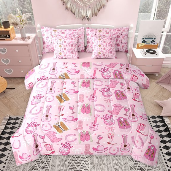 jejeloiu Pink Music Guitar 7pcs Bedding Comforter Set,Western Cowgirl Disco Ball Queen Bedding Sets For Women Reversible