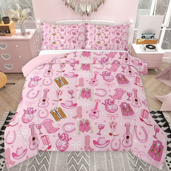 jejeloiu Pink Music Guitar Full Size Comforter Sets,Western Cowgirl Disco Ball Bedding Sets For Women Reversible 3pcs