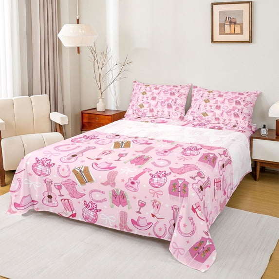 jejeloiu Guitar Disco Pink Twin 3-Piece Reversible Women Western Cowgirl Music Sheet Set