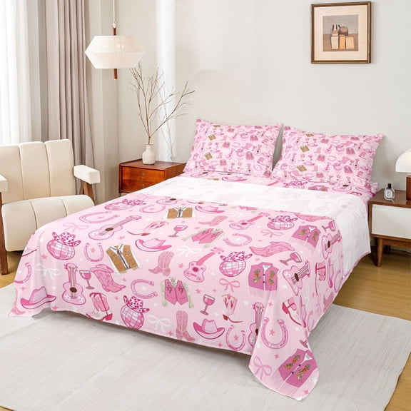 jejeloiu Guitar Disco Pink Twin 3-Piece Reversible Women Western Cowgirl Music Sheet Set