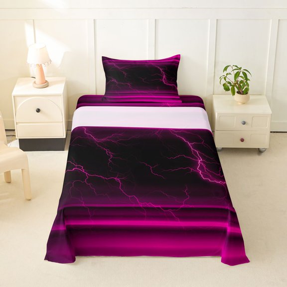 jejeloiu Pink Neon Lightning Twin Sheet Sets For Kids,Abstract Geometric Stripes Bedding For Girls,3pcs