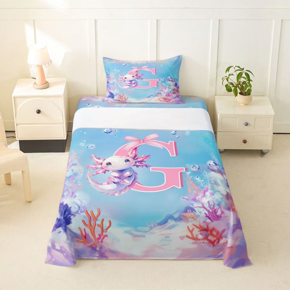 jejeloiu Pink Ocean Animal Axolotl Twin Sheet Sets For Girls,Initial Letter G Bedding For Kids,3pcs