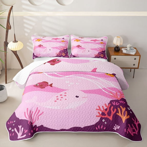 jejeloiu Pink Ocean Whale Art Twin Quilt Set For Girls,Underwater Coral Scene Twin Coverlet Set,Purple Pink,2 Pieces