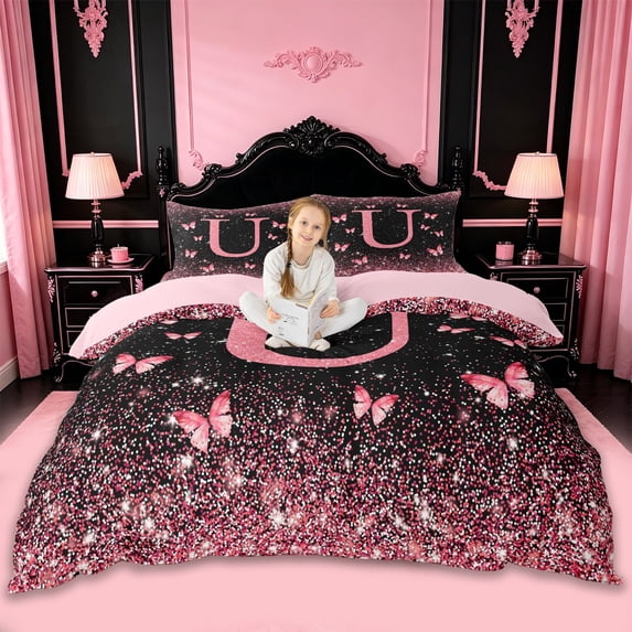 jejeloiu Pink Personalized Monogram U Queen Duvet Cover Set For Girls,Chic Glitter Print Initial Design Bedding For Kids,Pink Reversible,3-Piece(No Comforter)