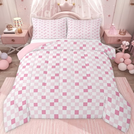 jejeloiu Pink Plaid Pattern Twin Comforter Sets,Modern Geometric Aesthetic Bedding Set For Girls Kids Reversible 2-Piece