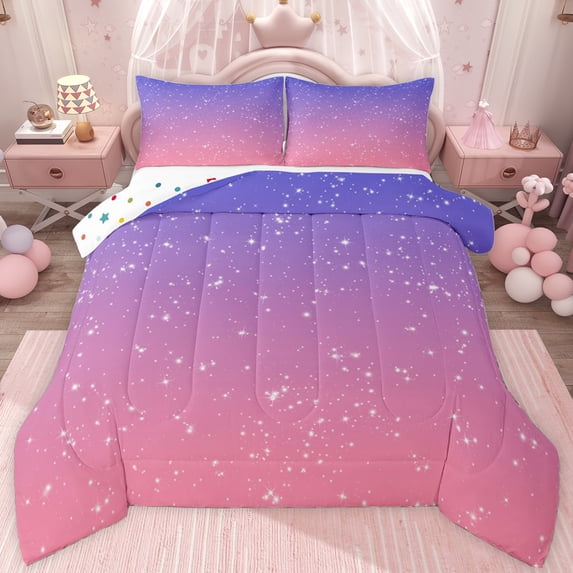 jejeloiu Pink Purple Sky Full Size Comforter Sets,Galaxy Starry Night Bedding Sets For Girl Teens Reversible 3pcs