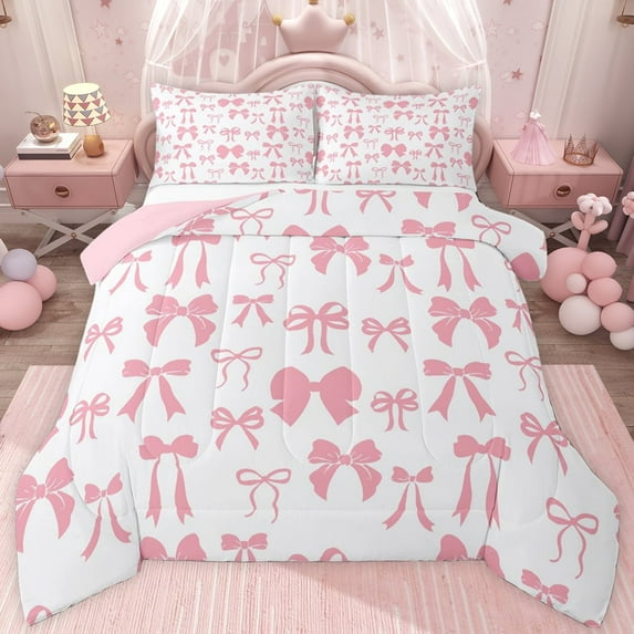 jejeloiu Pink Ribbon Bowknot Full Size Comforter Sets,Cute Cartoon Bow Bedding Sets For Girls Reversible 3pcs