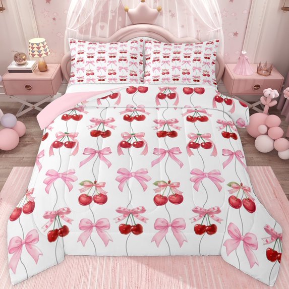 jejeloiu Pink Ribbon Bowknot Full Size Comforter Sets,Red Cute Cherry Bedding Sets For Girls Kids Reversible 3-Piece
