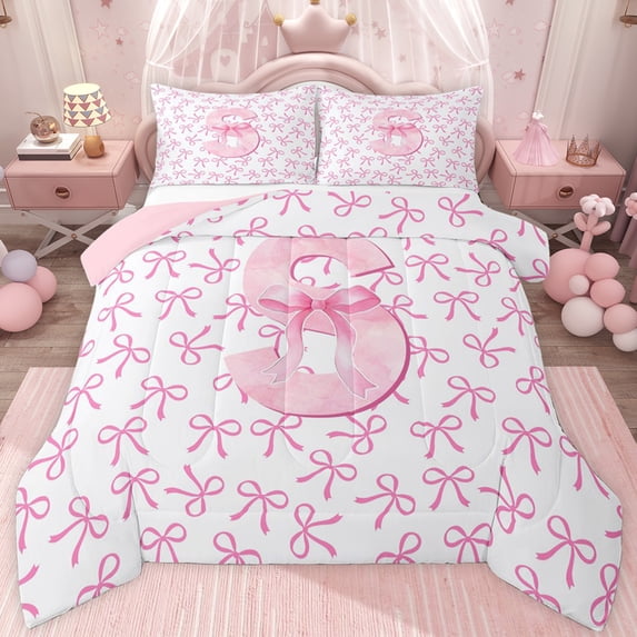jejeloiu Pink Ribbon Bowknot Queen Comforter Set,Letter S Print Bedding Comforter Set For Girls Women Reversible 3pcs