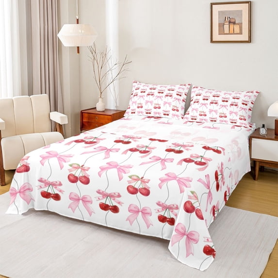 jejeloiu Pink Ribbon Bowknot Twin Sheet Sets,Red Cute Cherry Bedding For Girls Kids 3pcs