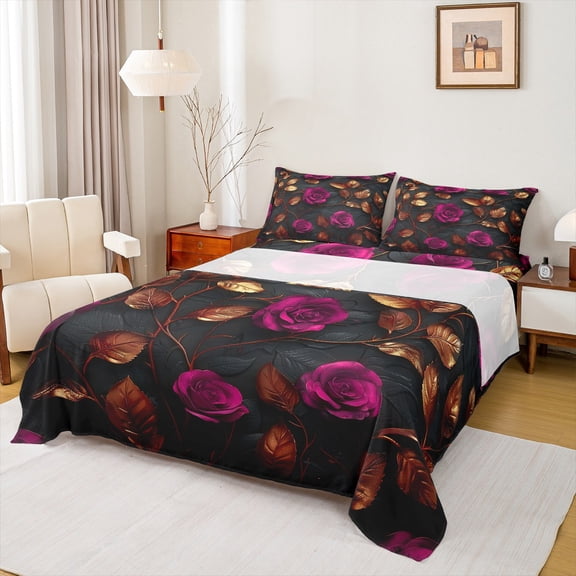 jejeloiu Pink Rose Floral Bed Sheets,Valentine'S Day Gifts King Sheets,Gold Leaves Sheet Set For Adults,Microfiber Bedroom Decor,4-Piece