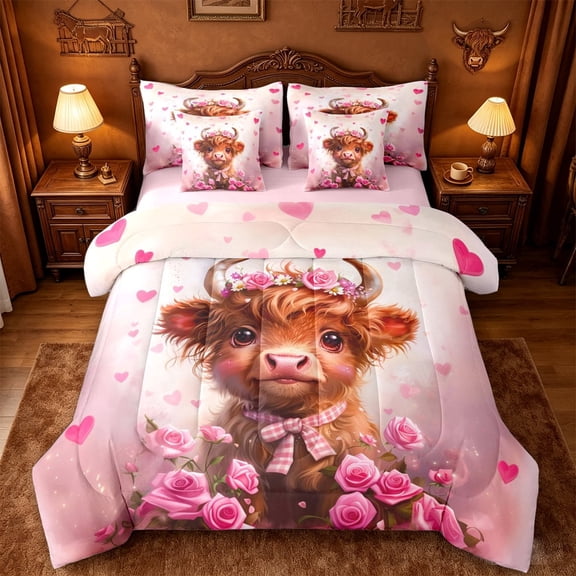 jejeloiu Pink Rose Highland Cattle 7pcs Bedding Comforter Set Kids,Girly Pink Loves Flowers Queen Bedding Sets,Reversible