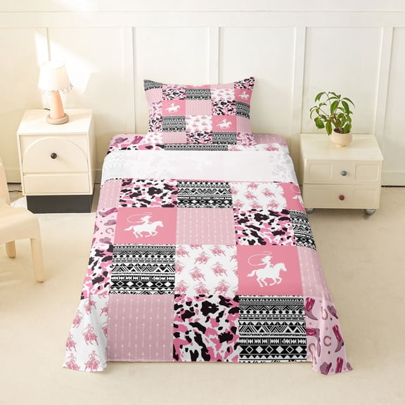 jejeloiu Pink Rustic Camouflage Twin Sheet Sets Kids,Western Cowgirl Boots Print Bedding For Girl,3-Piece