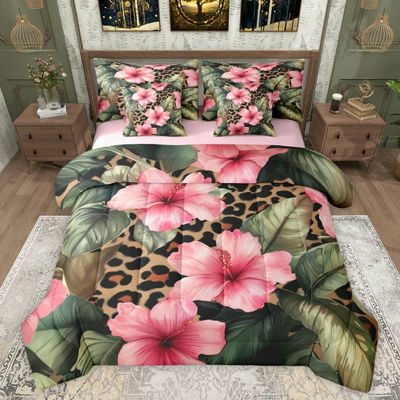 jejeloiu Pink Rustic Flower 7-Piece Twin Bedding Sets,Jungle Leopard Print Bedding Comforter Set,Green Monstera Leaf Sheet Sets For Men Women,Ultra Soft Home Decor Reversible