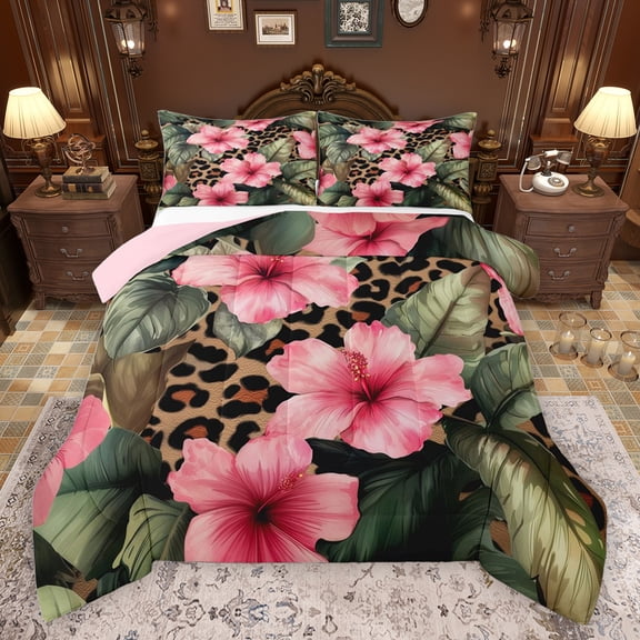 jejeloiu Pink Rustic Flower Queen Comforter Set,Jungle Leopard Print Bedding Sets,Green Monstera Leaf Bedding Comforter Set For Men Women,Ultra Soft Home Decor Reversible,3-Piece