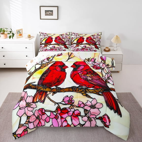jejeloiu Pink Sakura Bedding Comforter Set,Christmas Cardinal Bird Twin Comforter Sets,Red Birds Bedding Set For Girls,Super Cozy Room Decor Reversible,2-Piece