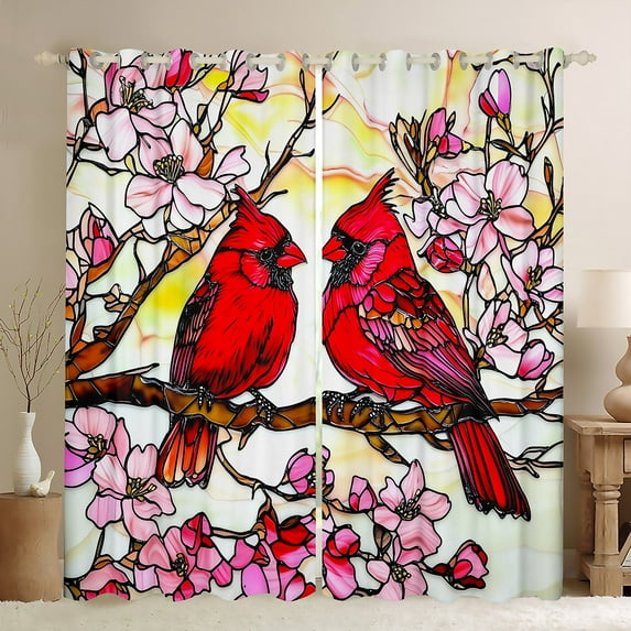 jejeloiu Pink Sakura Blackout Curtains Set of 2 (52x84 Each),Christmas Cardinal Bird Window Curtains,Red Birds Curtains and Drapes For Girls,Super Cozy Room Decor