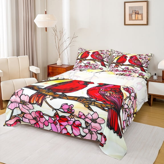 jejeloiu Pink Sakura Full Size Sheets,Christmas Cardinal Bird Bed Sheets,Red Birds Sheet Sets For Girls,Super Cozy Room Decor,4 Pieces