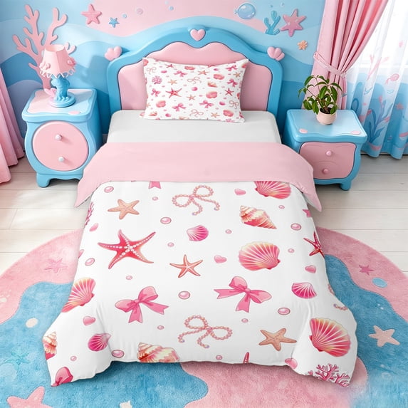 jejeloiu Pink Seashell Starfish Twin Duvet Cover For Girls,Coastal Pattern Twin Bedding,Pink White,Pink Reversible,2-Piece,1 Duvet Cover and 1 Pillowcase