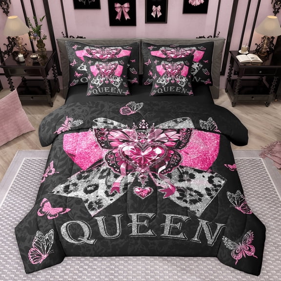 jejeloiu Pink Sequin Print 7-Piece Bedding Comforter Set,3D Diamond Butterflies King Bedding Sets,Leopard Print Bowtie Bed Sheets For Girls,Ultra Soft Home Decor Reversible