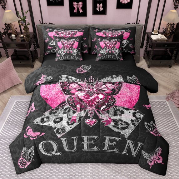 jejeloiu Pink Sequin Print 7-Piece Twin Bedding Sets,3D Diamond Butterflies Bedding Comforter Set,Leopard Print Bowtie Sheet Sets For Girls,Ultra Soft Home Decor Reversible