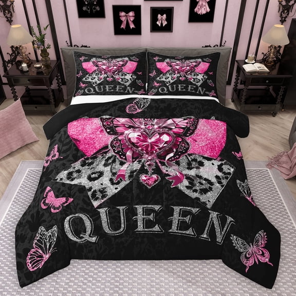 jejeloiu Pink Sequin Print Queen Comforter Set,3D Diamond Butterflies Bedding Sets,Leopard Print Bowtie Bedding Comforter Set For Girls,Ultra Soft Home Decor Reversible,3-Piece