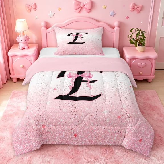 jejeloiu Pink Sparkling Print Initial E Twin Comforter Sets For Girls,Dreamy Princess Bow Pattern Bedding Set For Kids,Pink Reversible,2-Piece