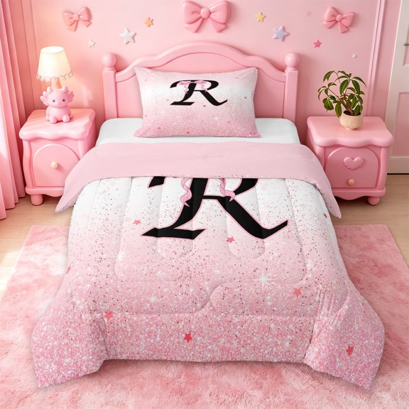 jejeloiu Pink Sparkling Print Initial R Twin Comforter Sets For Girls,Dreamy Princess Bowknot Pattern Bedding Set For Kids,Pink Reversible,2 Pieces
