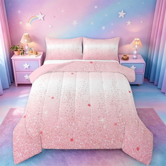 jejeloiu Pink Sparkling Star Pattern Queen Comforter Set Kids,Dreamy Princess Style Bedding Comforter Set For Girls,Reversible,3pcs
