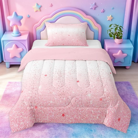 jejeloiu Pink Sparkling Star Pattern Twin Comforter Sets Kids,Dreamy Princess Style Bedding Set For Girls,Reversible,2-Piece