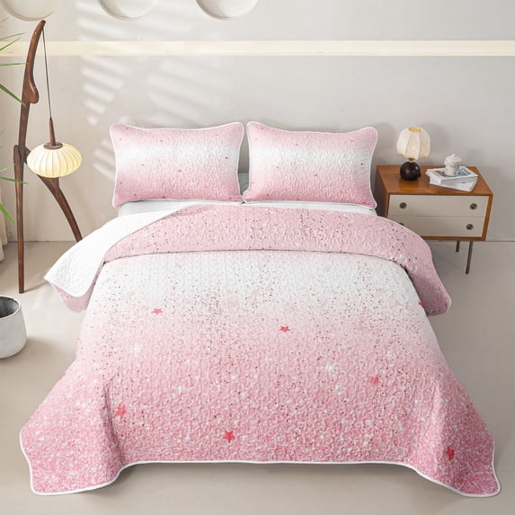 jejeloiu Pink Sparkling Star Pattern Twin Quilt Set Kids,Dreamy Princess Style Twin Coverlet Set For Girls,2-Piece