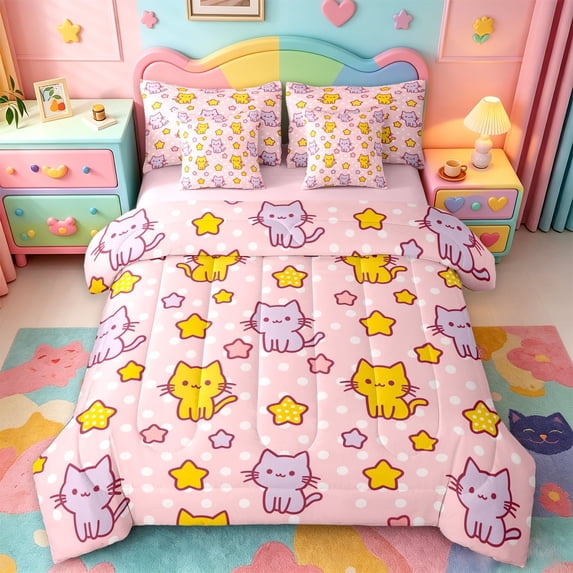 jejeloiu Pink Star Cat Polka Dot 7-Piece Twin Bedding Sets Kids,Lovely Kitten Print Bedding Comforter Set,Reversible