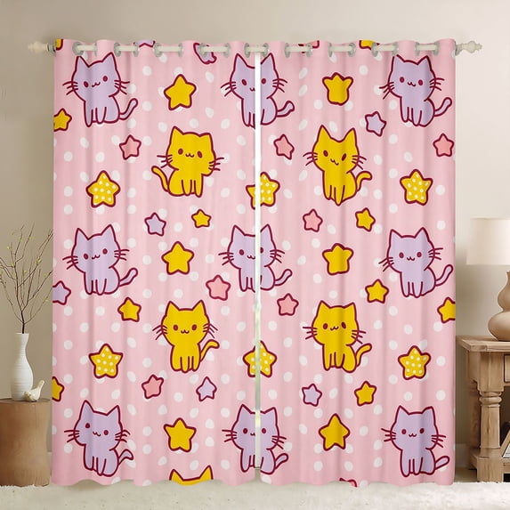 jejeloiu Pink Star Cat Polka Dot Black Out Curtains Kids,Lovely Kitten Print Curtains Pack of 2 (42x63 Each)
