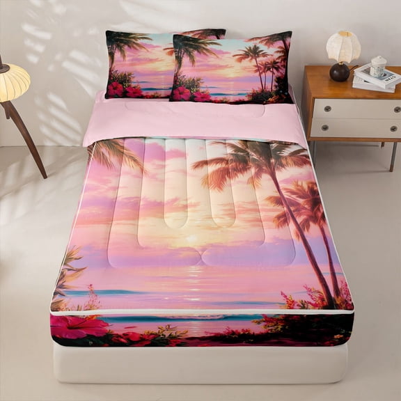 jejeloiu Pink Sunset Beach Zipper Twin Comforter Sets with Fitted Sheet and 2 Pillowcases For Girls,Hawaii Coconut Flower Pattern Zipper Bedding Set,Multicolor,Pink Reversible,4 Pieces