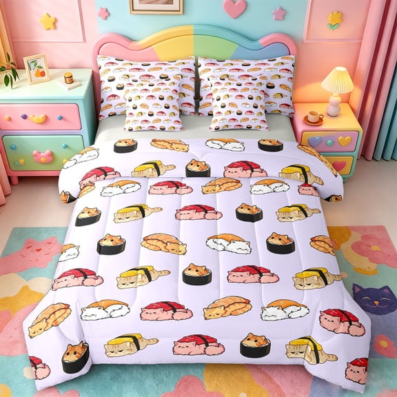 jejeloiu Pink Sushi Cat 7 Pieces Bedding Comforter Set Kids,Girly Kitten Pattern Full Bedding Set,Reversible