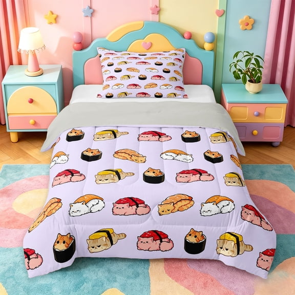 jejeloiu Pink Sushi Cat Twin Comforter Sets Kids,Girly Kitten Pattern Bedding Set,Reversible,2 Pieces