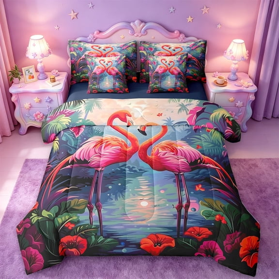 jejeloiu Pink Tropical Flamingo 7-Piece Twin Bedding Sets Kids,Wild Bird Monsters Leaf Bedding Comforter Set,Reversible